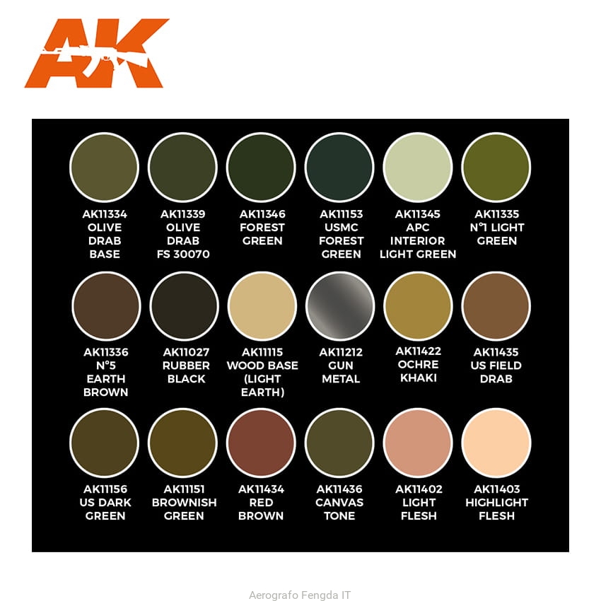AK Acrylics 3Gen WWII & MODERN US COLORS – Signature Set Adam Wilder, 18 Flacons Compte-gouttes De 17ml