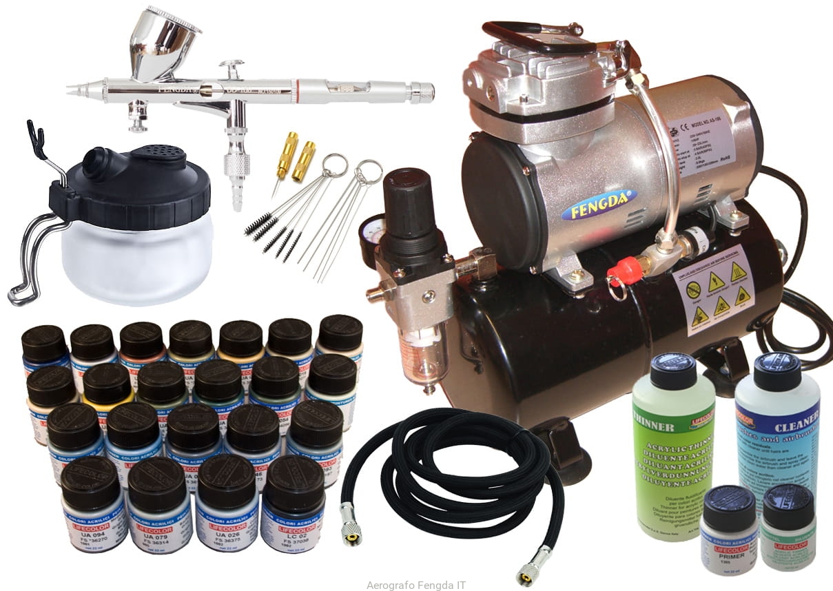 Set aerografia Compressore oil free AS196, Aerografo doppia azione, Accessori con tubo e raccordi Set aerografia Compressore oil free AS196, Aerografo doppia azione, Accessori con tubo e raccordi